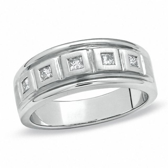 Men's 0.36 CT. T.W. Square-Cut Diamond Five Stone Box Band in 14K White Gold|Peoples Jewellers