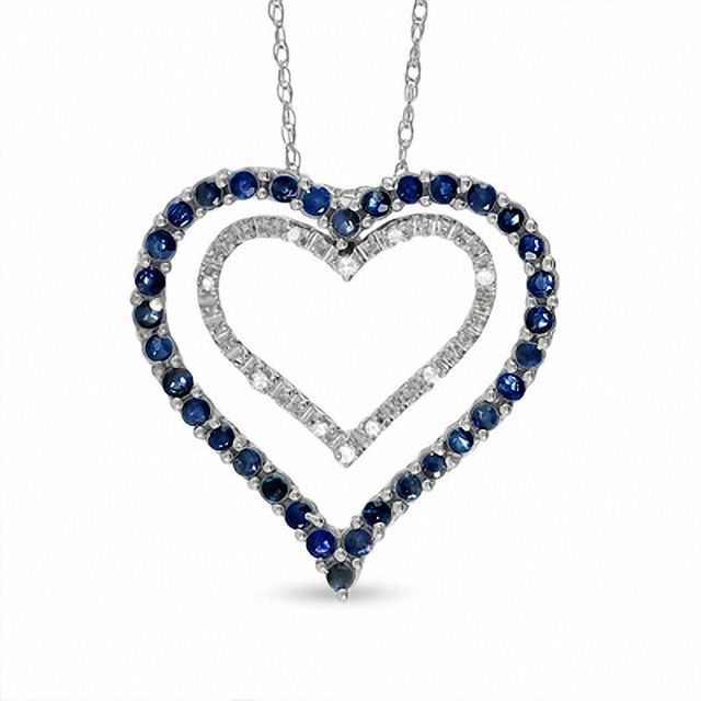 Blue Sapphire and Diamond Double Heart Pendant in 10K White Gold|Peoples Jewellers