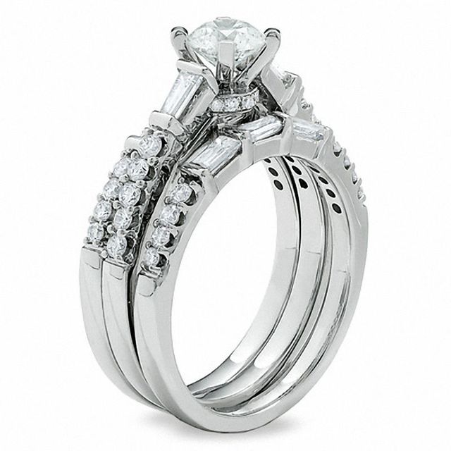 1.50 CT. T.W. Round and Baguette Diamond Three-Piece Bridal Set in 14K White Gold|Peoples Jewellers