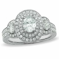 1.50 CT. T.W. Certified Oval Diamond Three Stone Double Frame Ring in 14K White Gold|Peoples Jewellers