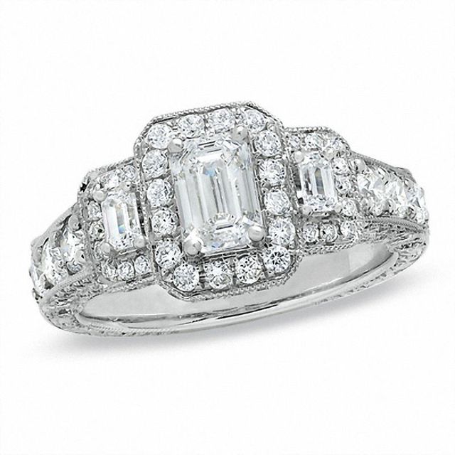 1.95 CT. T.W. Certified Framed Emerald-Cut Diamond Three Stone Ring in 14K White Gold|Peoples Jewellers