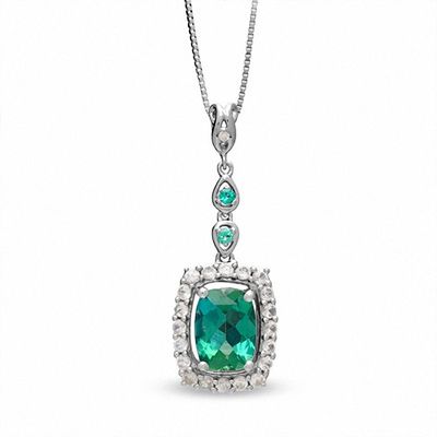 Cushion-Cut Lab-Created Emerald and White Sapphire Pendant in 14K White Gold with Diamond Accent|Peoples Jewellers