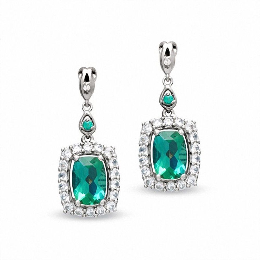 Cushion-Cut Lab-Created Emerald and White Sapphire Earrings in 14K White Gold with Diamond Accents|Peoples Jewellers