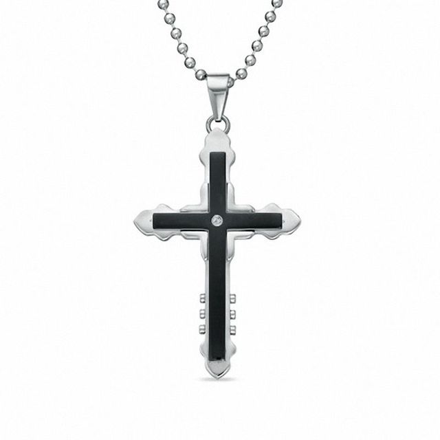 Men's Black IP Stainless Steel Cross Pendant with Diamond Accent