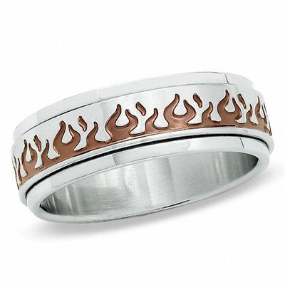 Men's Stainless Steel Ring with Brown IP Flames|Peoples Jewellers