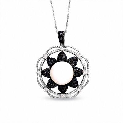 Freshwater Cultured Pearl Pendant in 14K White Gold with 0.33 CT. T.W. Enhanced Black and White Diamonds|Peoples Jewellers