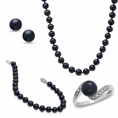 Black Cultured Freshwater Pearl Earrings, Ring, Necklace and Bracelet Set in 14K White Gold|Peoples Jewellers
