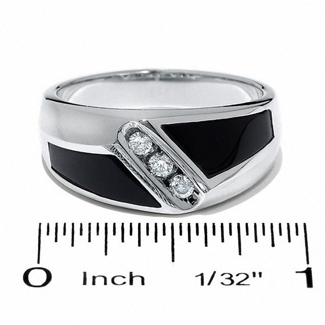 Men's 0.15 CT. T.W. Square-Cut Diamond Three Stone and Onyx Slant Ring in 14K White Gold|Peoples Jewellers