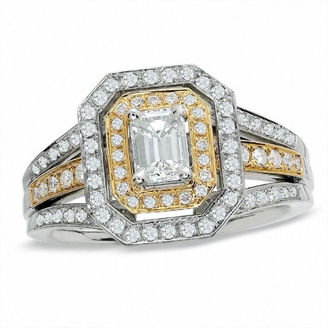 1.00 CT. T.W. Emerald-Cut Diamond Split Shank Ring in 14K Two-Tone Gold|Peoples Jewellers