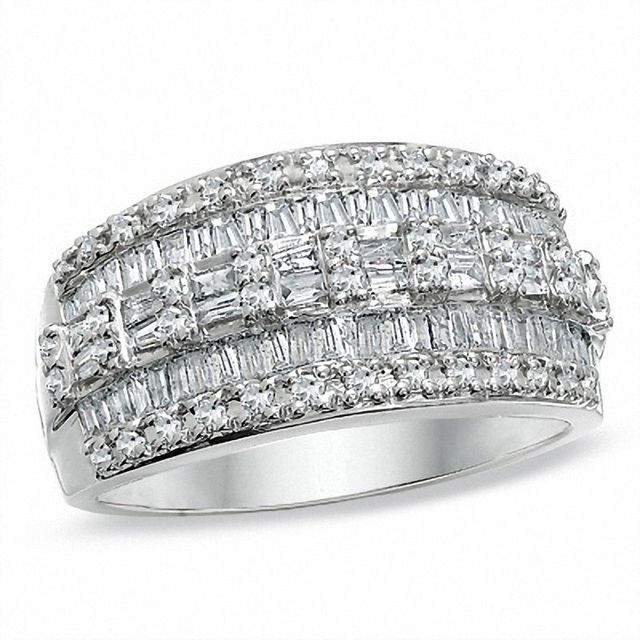 1.00 CT. T.W. Baguette and Round Diamond Three Row Ring in 10K White Gold|Peoples Jewellers