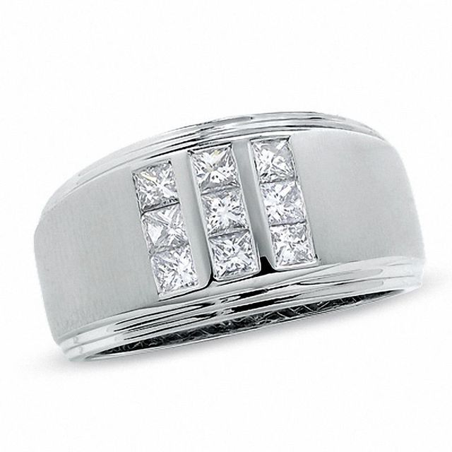 Men's 0.75 CT. T.W. Square-Cut Diamond Three Row Satin Ring in 14K White Gold|Peoples Jewellers