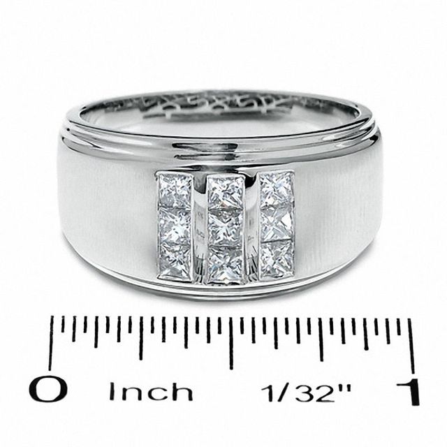 Men's 0.75 CT. T.W. Square-Cut Diamond Three Row Satin Ring in 14K White Gold