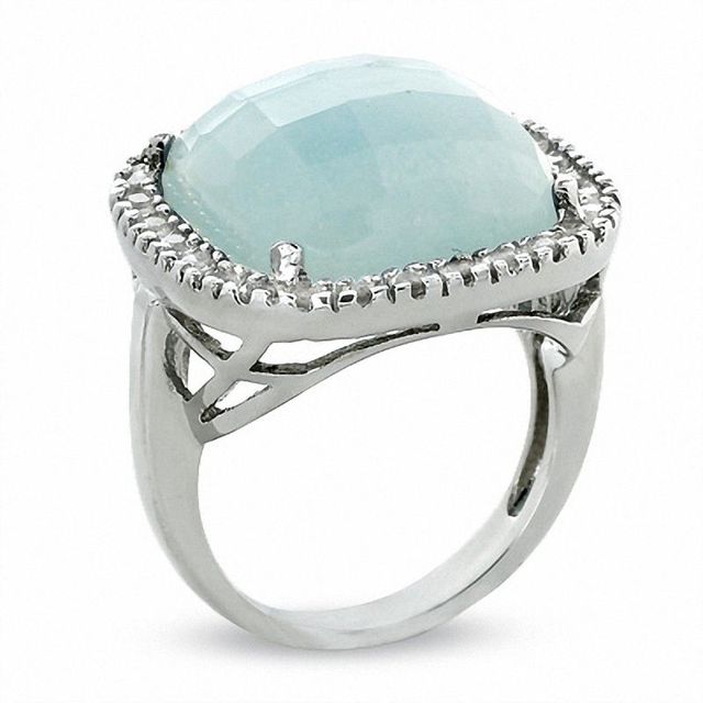 Cushion-Cut Blue Chalcedony Frame Ring in Sterling Silver with White Topaz Accents - Size 7|Peoples Jewellers