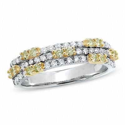 0.75 CT. T.W. Enhanced Yellow and White Diamond Three Row Band in 14K White Gold|Peoples Jewellers