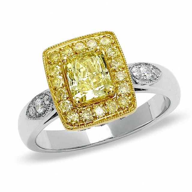 1.29 CT. T.W. Certified Cushion-Cut Fancy Yellow Diamond Framed Ring in 18K White Gold|Peoples Jewellers