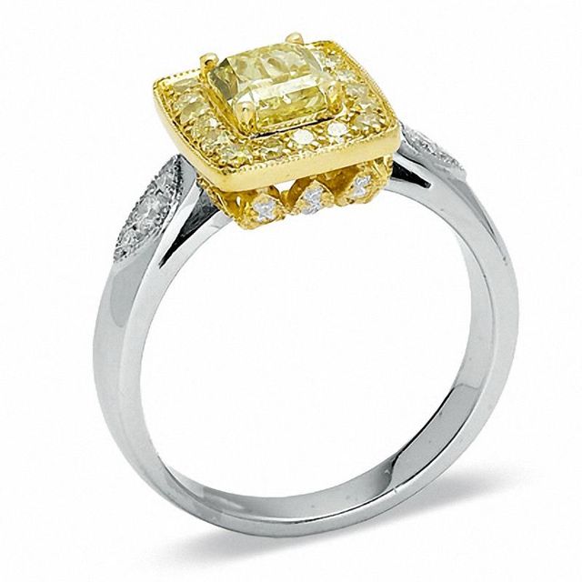 1.29 CT. T.W. Certified Cushion-Cut Fancy Yellow Diamond Framed Ring in 18K White Gold|Peoples Jewellers