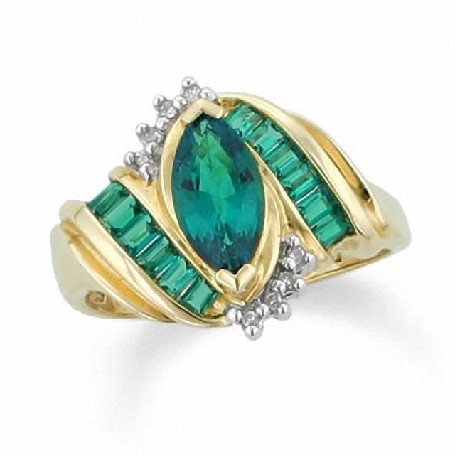 Lab-Created Marquise Emerald Ring in 10K Gold with Diamond and Emerald Accents|Peoples Jewellers