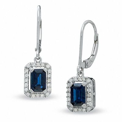 Emerald-Cut Blue Sapphire Drop Earrings in 10K White Gold with Diamond Accents|Peoples Jewellers