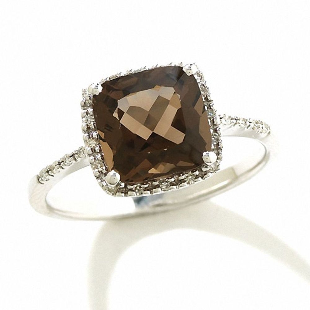 Cushion-Cut Smoky Quartz Ring in 14K White Gold with Diamond Accents|Peoples Jewellers