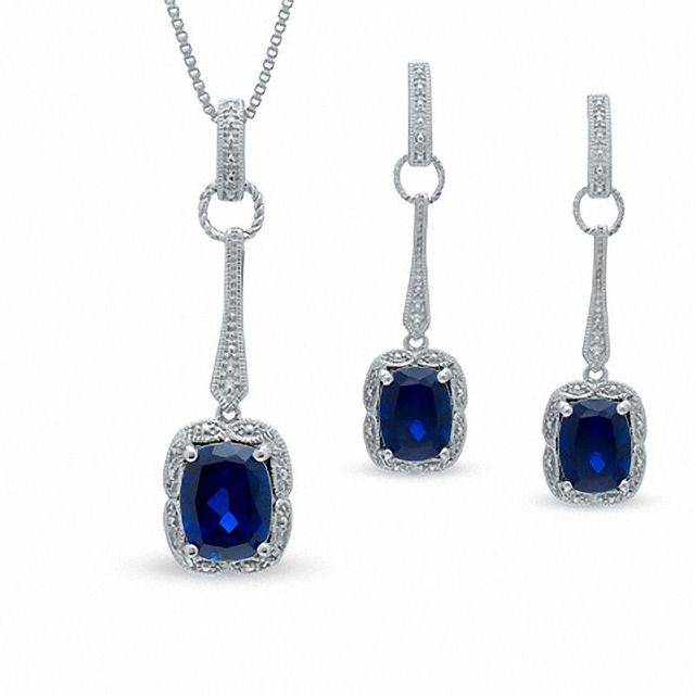 Cushion-Cut Lab-Created Sapphire Pendant and Earrings Set in Sterling Silver|Peoples Jewellers