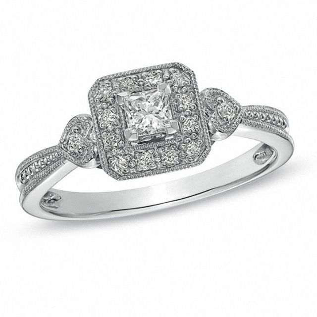 0.33 CT. T.W. Princess-Cut Diamond Framed Milgrain Engagement Ring in 14K White Gold|Peoples Jewellers