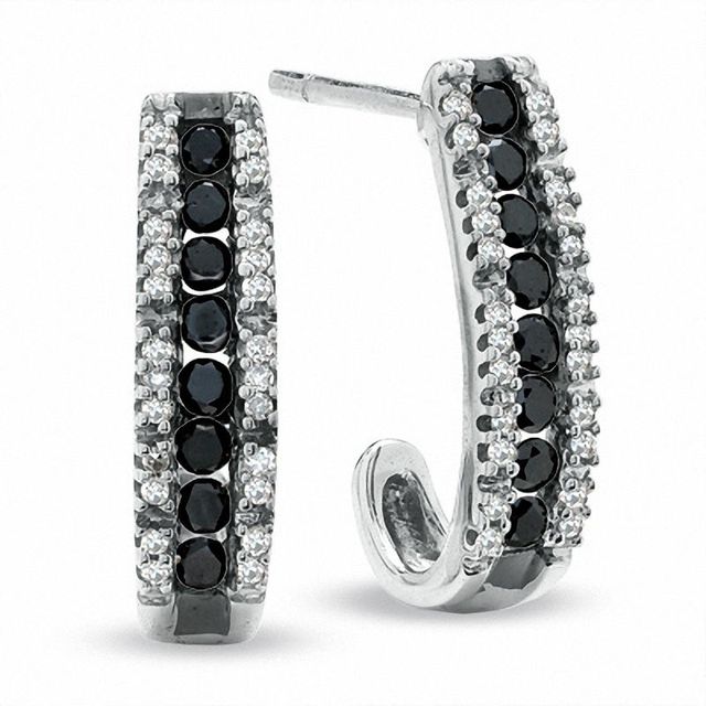 0.50 CT. T.W. Enhanced Black and White Diamond Hoop Earrings in Sterling Silver|Peoples Jewellers