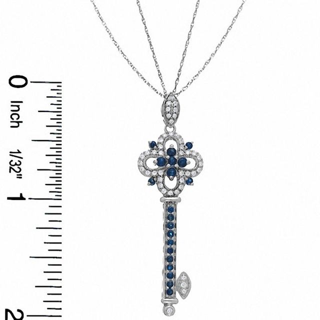 Blue Sapphire and Diamond Key Pendant in Sterling Silver