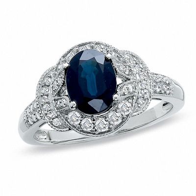Oval Blue Sapphire and 0.30 CT. T.W. Diamond Milgrain Ring in 14K White Gold|Peoples Jewellers