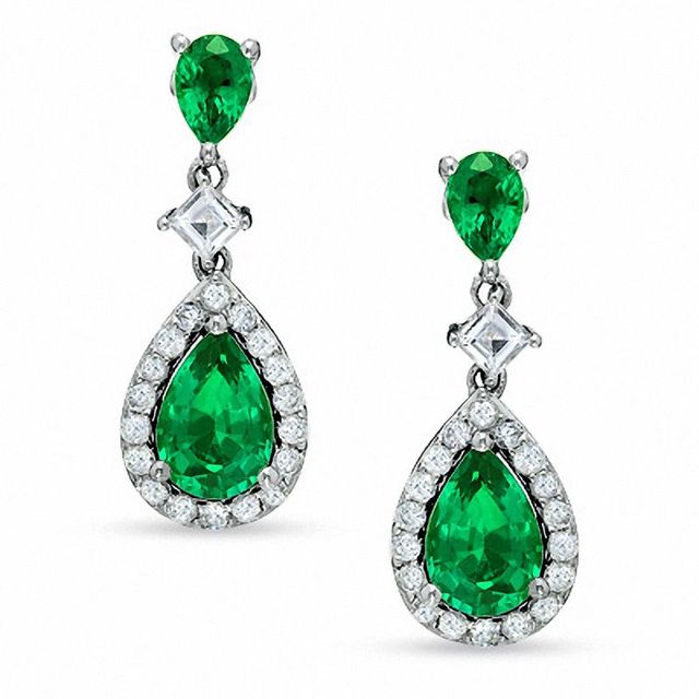 Pear-Shaped Lab-Created Emerald and White Sapphire Drop Earrings in 14K White Gold