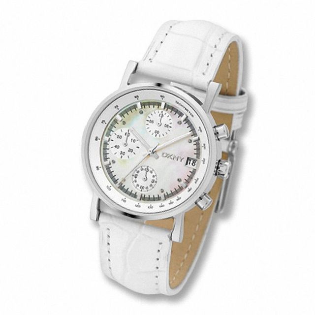 Ladies' DKNY Chronograph White Leather Strap Watch with Mother-of-Pearl Dial (Model: NY4528)|Peoples Jewellers
