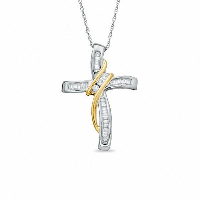 0.25 CT. T.W. Diamond Three Stone Wrapped Cross Pendant in 10K Two-Tone Gold|Peoples Jewellers