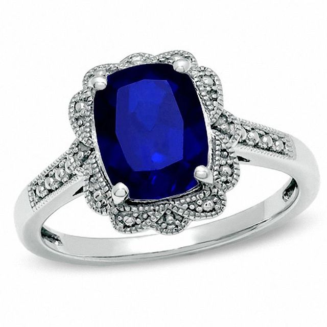 Cushion-Cut Lab-Created Blue Sapphire Vintage-Style Ring in Sterling Silver|Peoples Jewellers