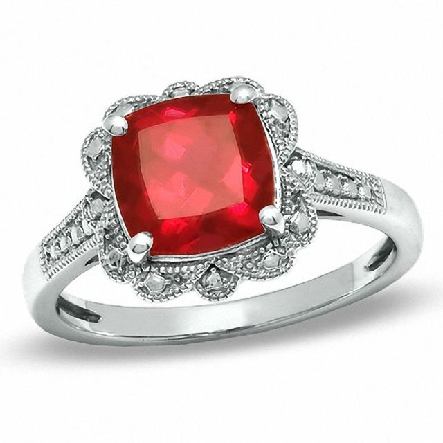 8.0mm Cushion-Cut Lab-Created Ruby Vintage-Style Ring in Sterling Silver|Peoples Jewellers