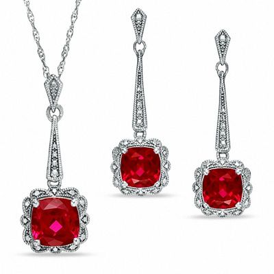 Cushion-Cut Lab-Created Ruby Vintage-Style Pendant and Earrings Set in Sterling Silver|Peoples Jewellers