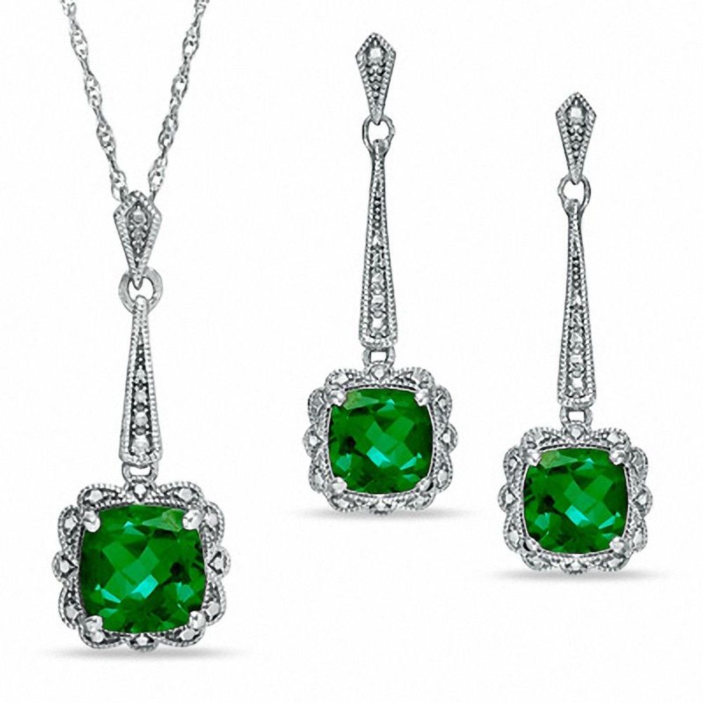 Cushion-Cut Lab-Created Emerald Vintage-Style Pendant and Earrings Set in Sterling Silver|Peoples Jewellers