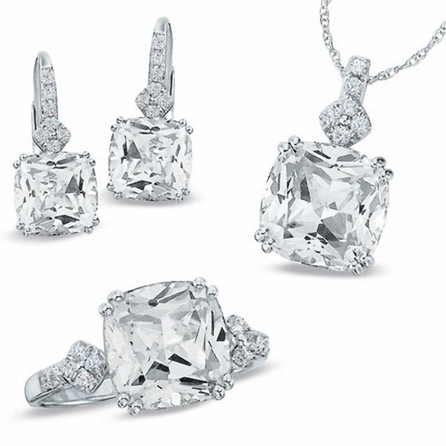 Cushion-Cut Lab-Created White Sapphire Pendant, Ring and Earrings Set in Sterling Silver|Peoples Jewellers