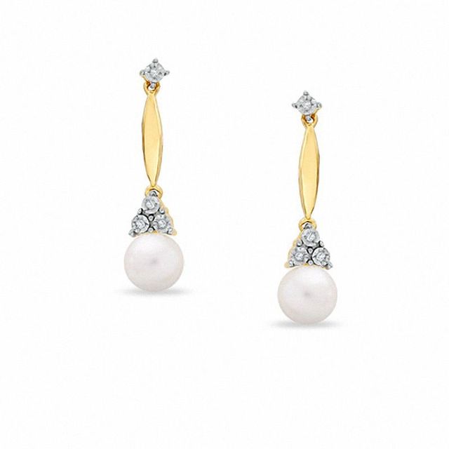 7.0mm Freshwater Cultured Pearl Stick Earrings in 10K Gold with Diamond Accents