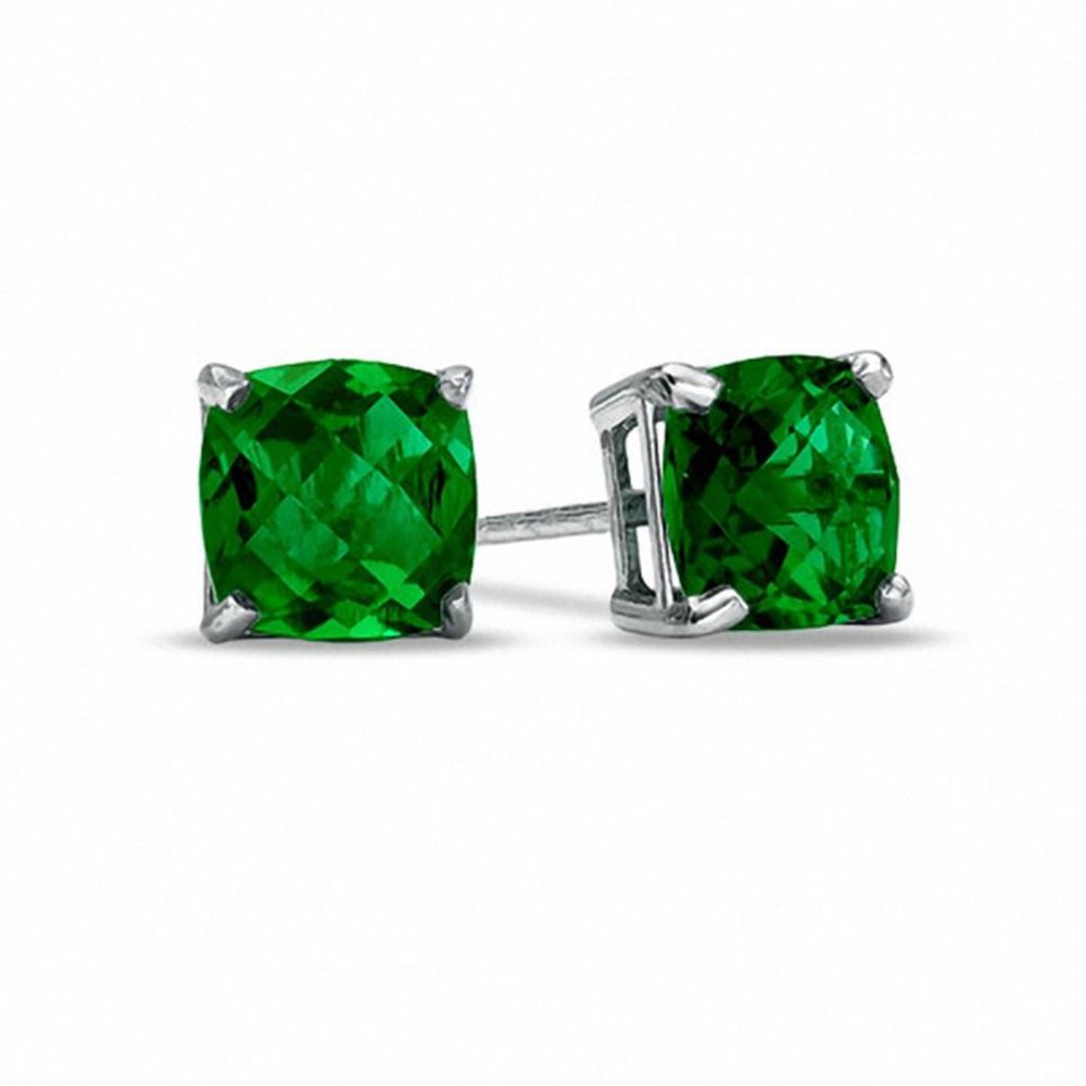 6.0mm Cushion-Cut Lab-Created Emerald Stud Earrings in 10K White Gold|Peoples Jewellers