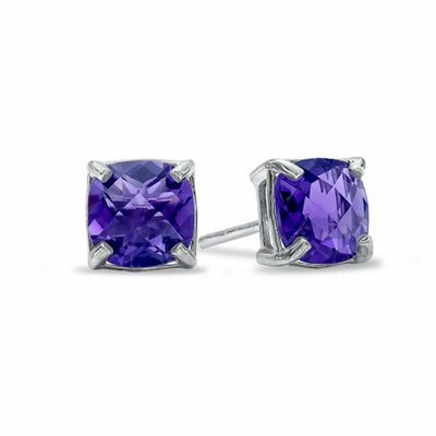 6.0mm Cushion-Cut Amethyst Stud Earrings in 10K White Gold|Peoples Jewellers