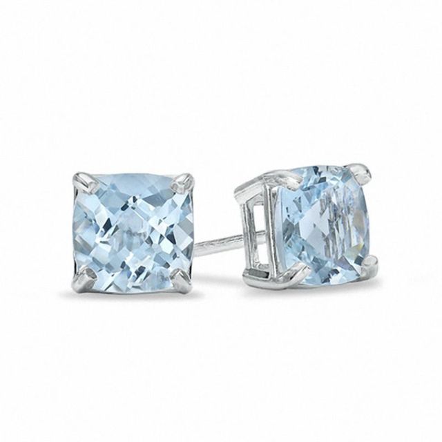 6.0mm Cushion-Cut Lab-Created Blue Spinel Stud Earrings in 10K White Gold|Peoples Jewellers