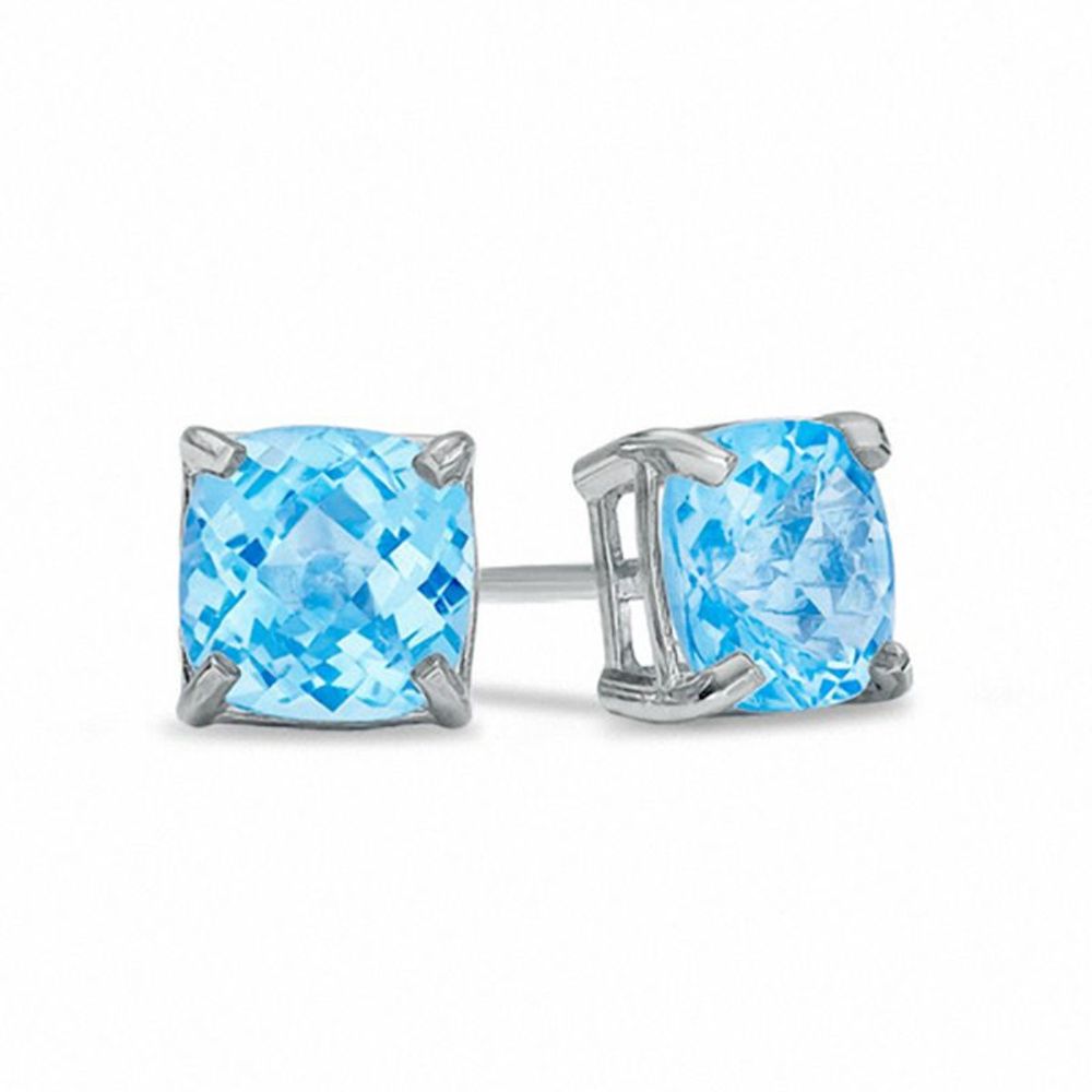 6.0mm Cushion-Cut Blue Topaz Stud Earrings in 10K White Gold|Peoples Jewellers