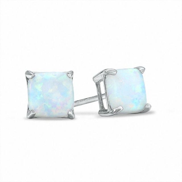 6.0mm Cushion-Cut Lab-Created Opal Stud Earrings in 10K White Gold|Peoples Jewellers