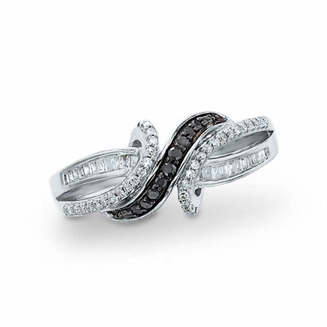0.25 CT. T.W. Enhanced Black and White Diamond Twist Over Ring in 10K White Gold|Peoples Jewellers