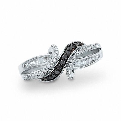 0.25 CT. T.W. Enhanced Black and White Diamond Twist Over Ring in 10K White Gold|Peoples Jewellers