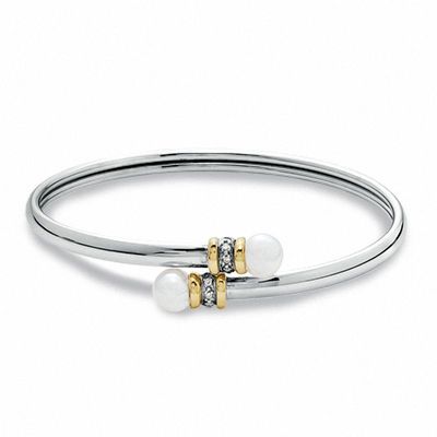 7.0mm Freshwater Cultured Pearl Bypass Bangle in Sterling Silver and 14K Gold with Diamond Accents-7.5"|Peoples Jewellers