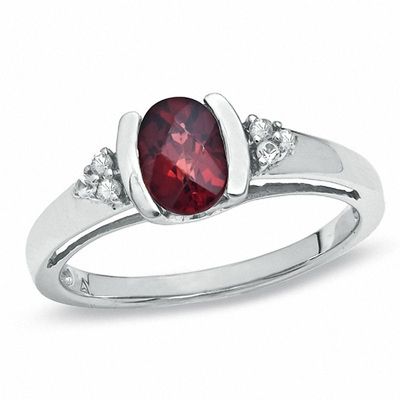 Oval Garnet and White Sapphire Bezel-Set Ring in 10K White Gold|Peoples Jewellers