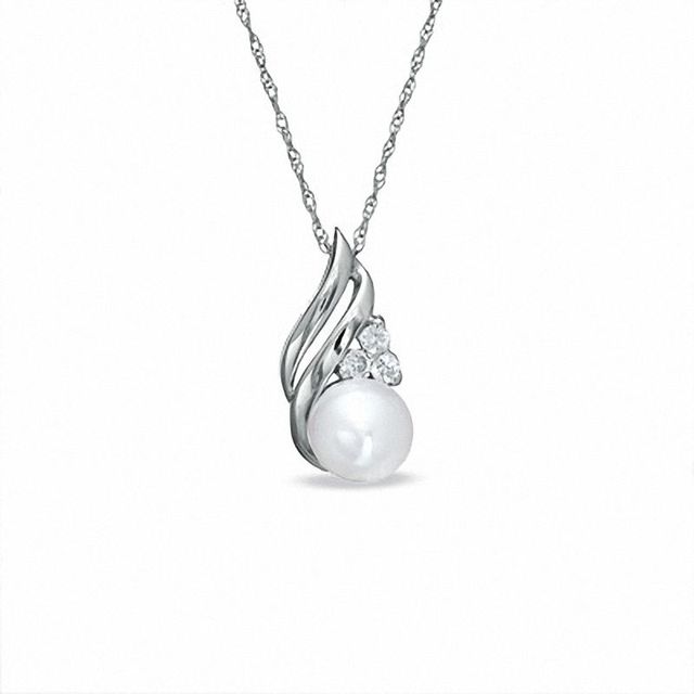 6.0mm Cultured Freshwater Pearl and Lab-Created White Sapphire Pendant in 10K White Gold|Peoples Jewellers