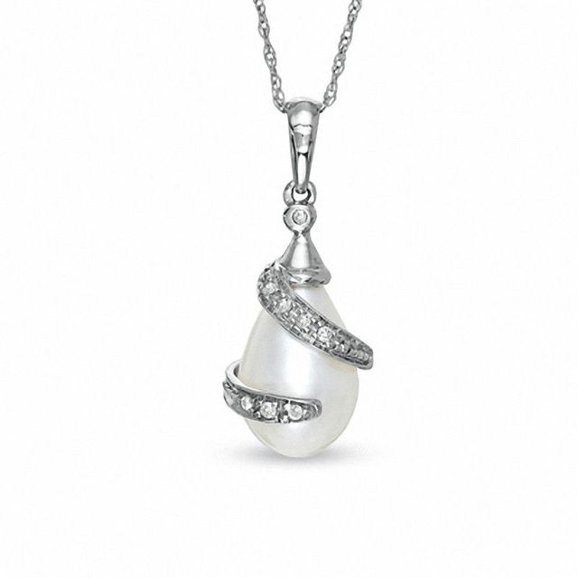 Freshwater Cultured Pearl and Diamond Accent Wrap Pendant in 10K White Gold|Peoples Jewellers