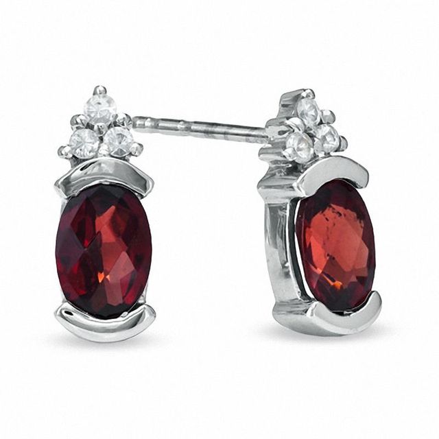 Oval Garnet and White Sapphire Bezel-Set Earrings in 10K White Gold