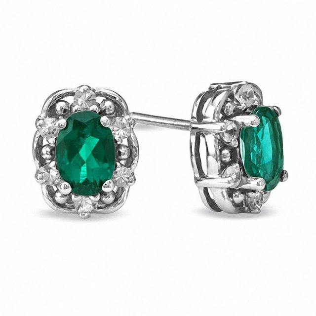 Oval Lab-Created Emerald and White Sapphire Earrings in Sterling Silver|Peoples Jewellers